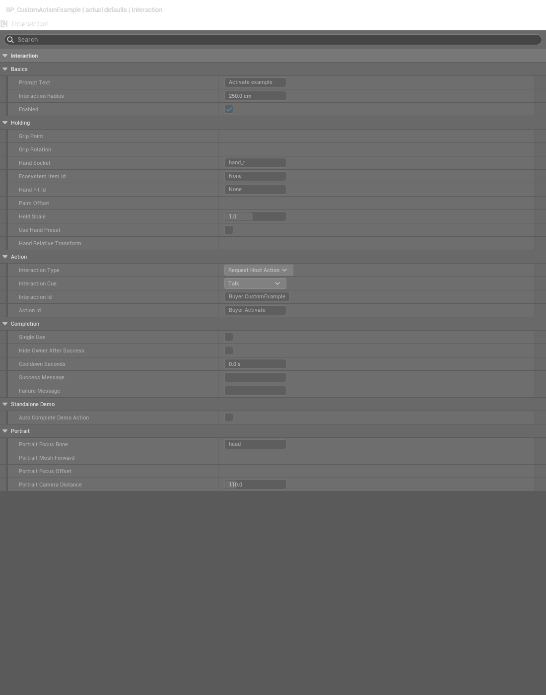 Interaction component action IDs, radius, completion and demo settings