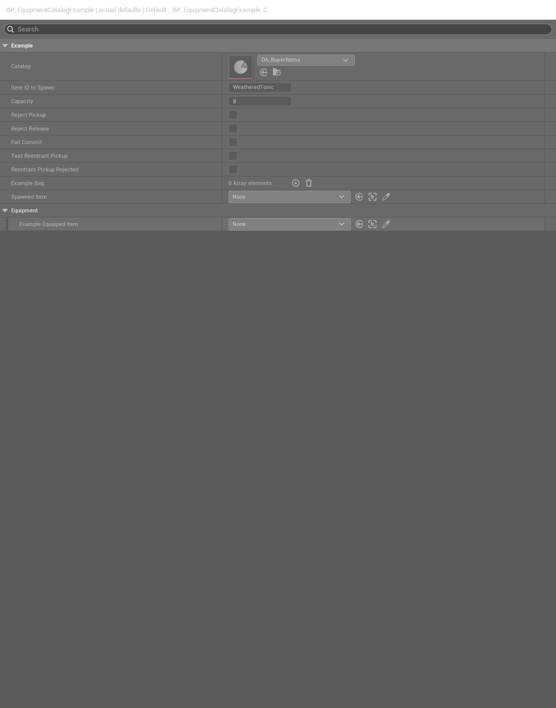 Equipment catalog Class Defaults showing customer catalog and spawn ID