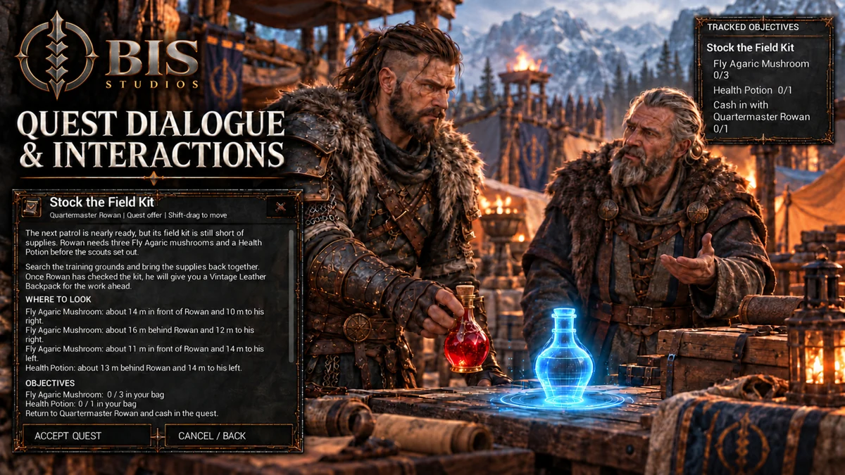 Quests, Dialogue & Interactions — illustrative product artwork